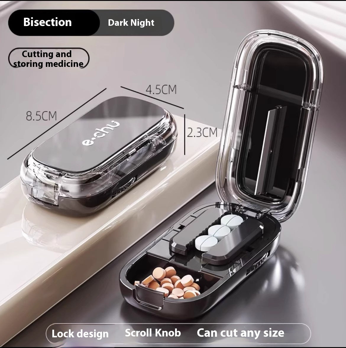 Pastillero deluxe portátil con cortador integrado – compacto y discreto
